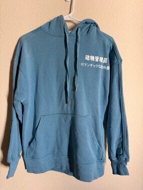 Light Blue Pullover Hoodie Chinese Graphic Print Kangaroo Pocket Size S
